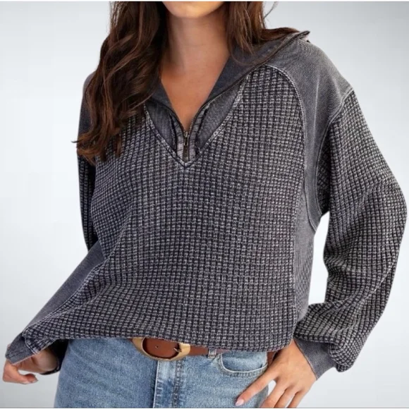 Easel Women's Thermal Waffle Knit Zip-Up Washed Long Sleeve Top Mulberry Size S - Picture 1 of 9